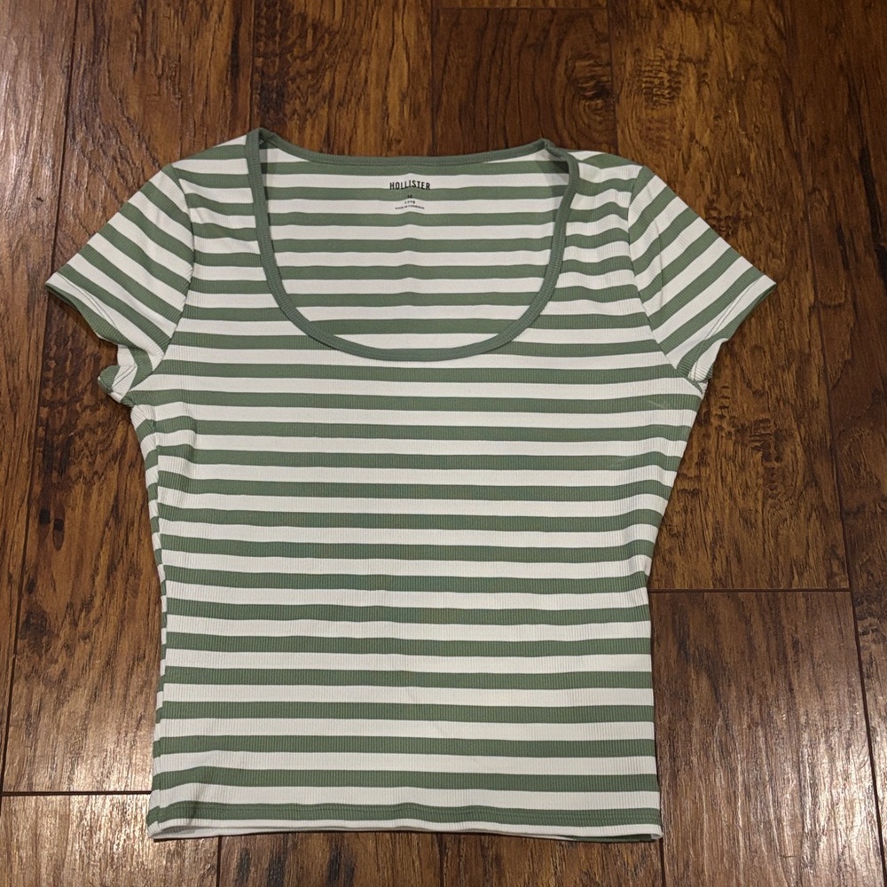 Hollister Olive and White Striped Short Sleeve Tee